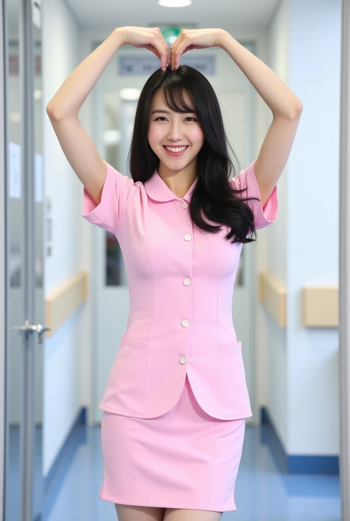 Medium shot of a smiling Japanese female nurse in pink nurse uniform dress with buttons making an armheart with arms overhead. Her beautiful, detailed features are framed by her hair and a playful expression. She has a slim hourglass figure, narrow waist, and medium breasts. Her black hair is styled to perfection, complementing their pale skin and fair complexion. The private modern hospital room provides a clean and serene backdrop for this photorealistic image.