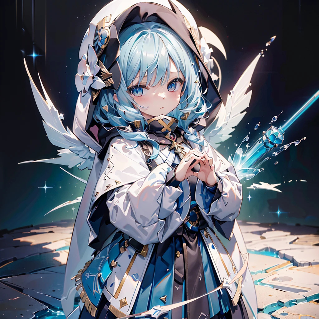 One girl,(((Please redeem、masterpiece、official art、Best dynamic composition、Super detailed、Perfect Anatomy)))、Anime Style、Long hair with a gradient of white and pale blue、Black hooded cloak、Mini Pleated Skirt、baby face、Agenta Heart Fractal Art, with a large cute magic wand held at an angle in both hands、