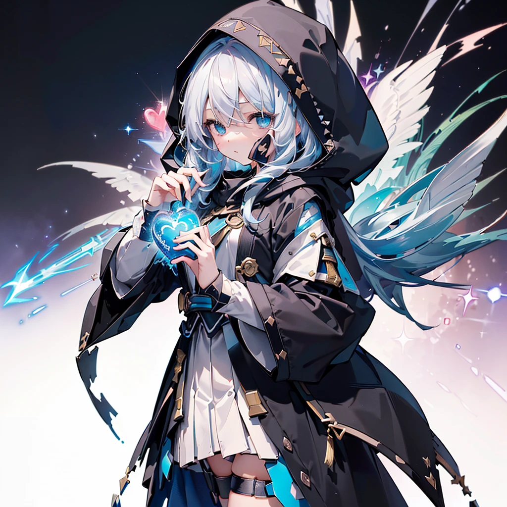 One girl,(((Please redeem、masterpiece、official art、Best dynamic composition、Super detailed、Perfect Anatomy)))、Anime Style、Long hair with a gradient of white and pale blue、Black hooded cloak、Mini Pleated Skirt、baby face、Agenta Heart Fractal Art, with a large cute magic wand held at an angle in both hands、