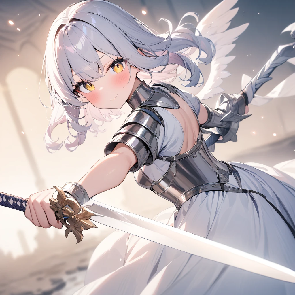 (masterpiece), Best Quality, One girl, Valkyrie, Angel knight in white dress and silver armor, Shiny Armor, High Gloss Armor, Reflective Metal Armor, Holding a sword, (length_sword), pink length curly hair, Yellow Eyes, Wings, White clothing, perfect lighting