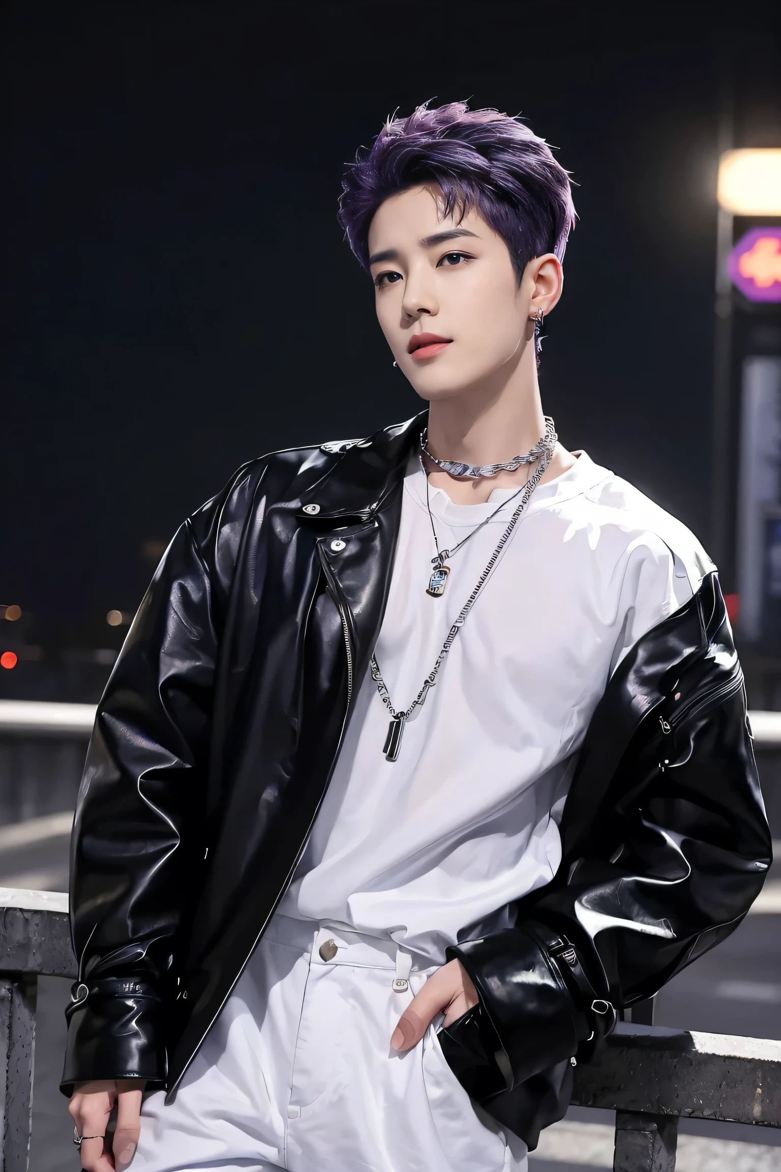 ((Real pictures, very real, 8K, realistic photos, no different from reality)),Suho stands out with his bright and bold image... he has short purple hair.(((pompadour))),(((light purple hair))).(((Stroked back))),(((slicked-back hair))).(((pompadour))),(((Stroked back))),(((slicked-back hair))), Mostly messy, It gives off a slightly casual vibe., But it looks stylish. His grey eyes are always filled with confidence and hidden depth.., As if I was watching more, What did he say???. Suho is dressed for a date, Suho may choose to wear formal attire..,  A thin chain in the shape of a pendant around the neck adds elegance., This look is elegant, But at the same time, there is a gloomy atmosphere., highlight his inner strength. Classic and simple look..., Black ripped jeans with chain. Accessory: Thick chain....., Leather and metal bracelet. ((Relaxed pose)) ((Put your hands in your pockets)) ((Cruel Pose)) ((male appearance)) ((male appearance)) ((Earrings)) (( Eye details)) , ((On the streets of Tokyo, standing on the overpass)),(((Height 179 cm)))