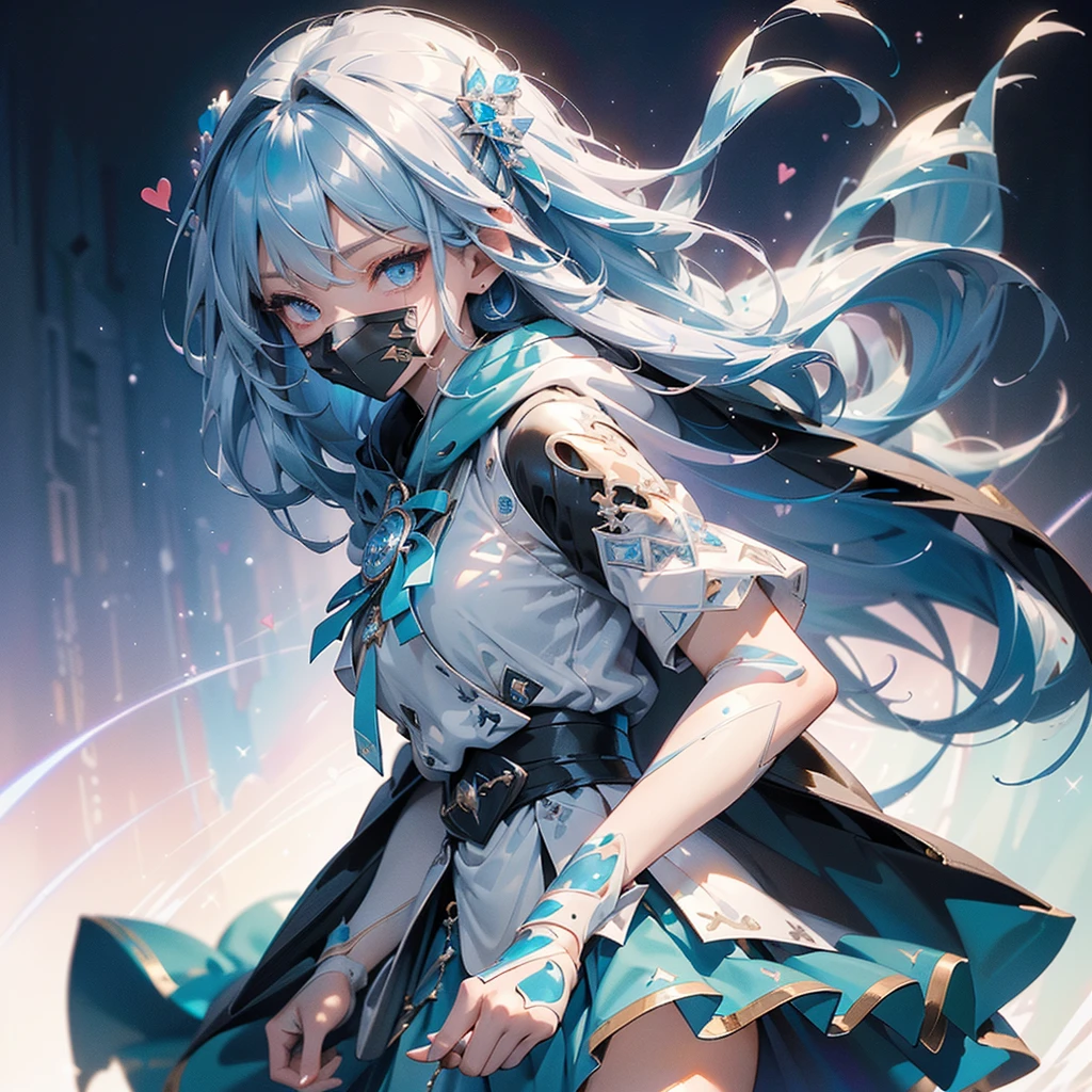 One girl,(((Please redeem、masterpiece、official art、Best dynamic composition、Super detailed、Perfect Anatomy)))、Anime Style、Long hair with a gradient of white and pale blue、Black hooded cloak、Mini Pleated Skirt、baby face、Agenta Heart Fractal Art, with a large cute magic wand held at an angle in both hands、