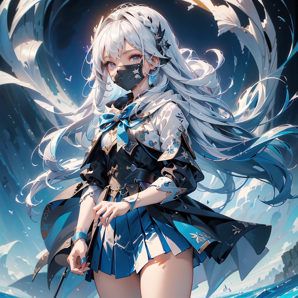 One girl,(((Please redeem、masterpiece、official art、Best dynamic composition、Super detailed、Perfect Anatomy)))、Anime Style、Long hair with a gradient of white and pale blue、Black hooded cloak、Mini Pleated Skirt、baby face、Agenta Heart Fractal Art, with a large cute magic wand held at an angle in both hands、