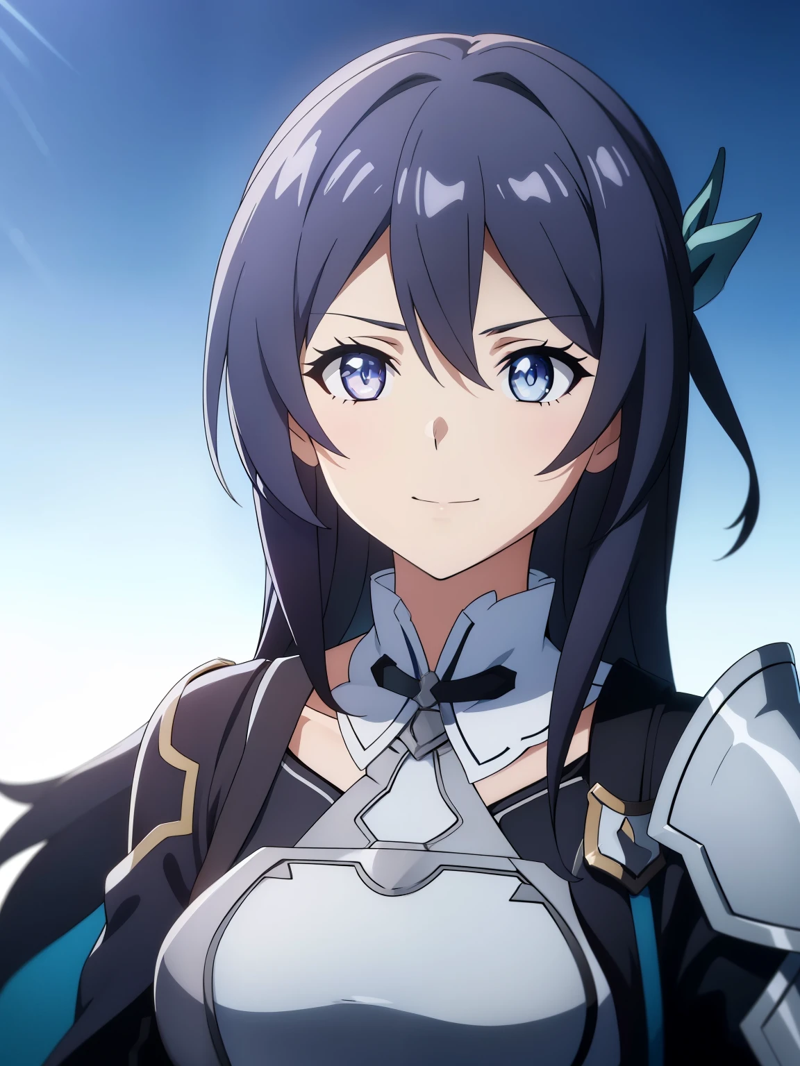 (high-quality, breathtaking),(expressive eyes, perfect face) 1girl, female, solo, portrait, Sword Art Online Alicization Art Style, Alicization,sao anime style, Symmetrical Eyes, simple background, gentle smile, medium hair, fluffy hair, fantasy outfit, SAO inspired, Firefly, armor, chest plate, sword art online outfit,
