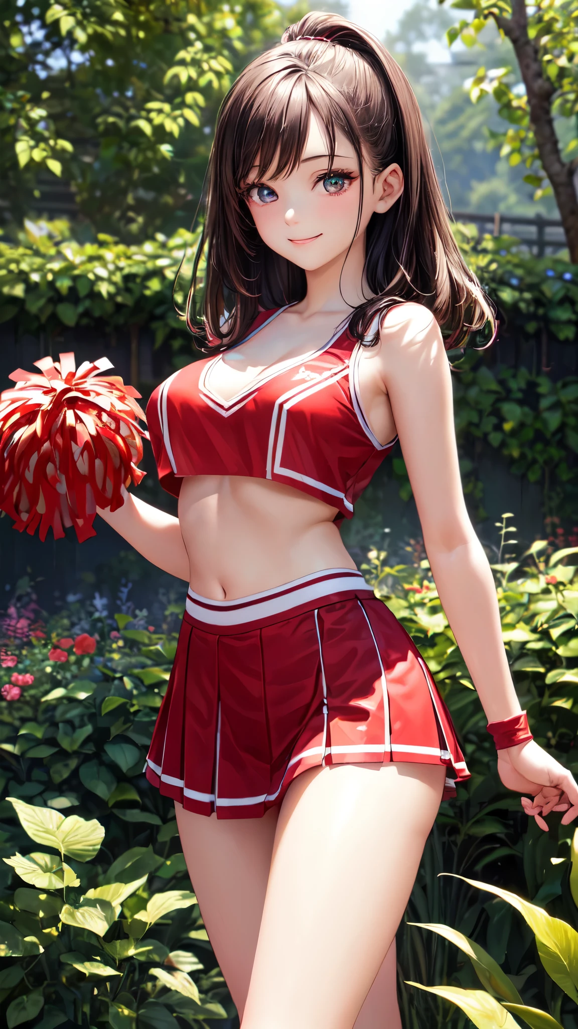 perfect body, topless, medium tits, , young woman, sexy face, small smile, seductiv, g-string, exposed g-string, average_breasts, belly, belly_button, black_skirt, , blue_eyes, bow bows, cloud clouds cloudy_sky, sexy, g-string, gstring, pom_pom_(cheerleading), cheerleading, pom_pom_girl, red_bow, red_bows, red_skirt, ribs, skirt, skirt_lift, sky, sky_background, torso, choker, hot body, perfect body