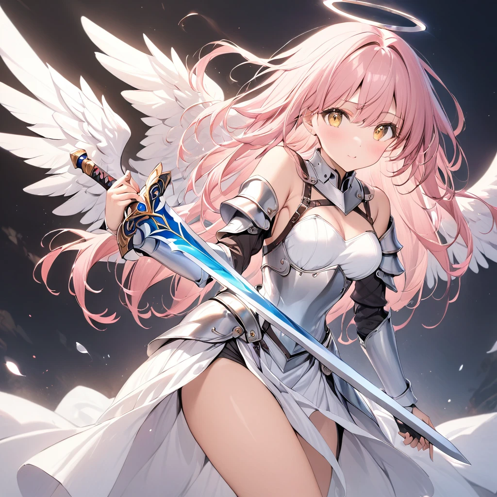 (masterpiece), Best Quality, One girl, Valkyrie, Angel knight in white dress and silver armor, Shiny Armor, High Gloss Armor, Reflective Metal Armor, Holding a sword, (length_sword), pink length curly hair, Yellow Eyes, Wings, White clothing, perfect lighting