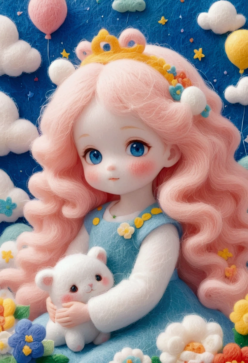 A delicate felt painting：Happy little baby，Fluffy and soft long hair。bust。Dreamy and beautiful。