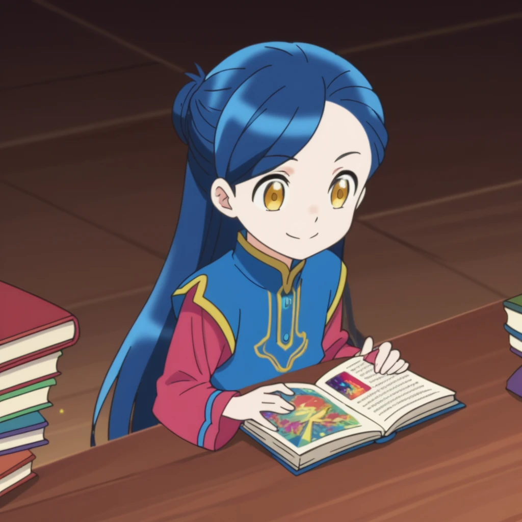  score_9, score_8_up, score_7_up, source_anime, anime screencap, anime coloring,  myne, 1girl, flat chest, blue hair, yellow eyes, long hair, smile, reading book