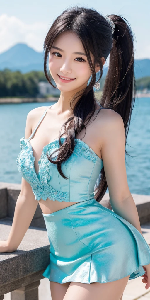 maid clothes、swim wears、sea side、a miniskirt、I can see my stomach、Hair mixed with blue and pink、Colossal tits、there is a constriction、The long-haired、eye color is golden、A smile、Cat's ears、lips are closed、Keep your hands up.、Open legs、Open your mouth wide