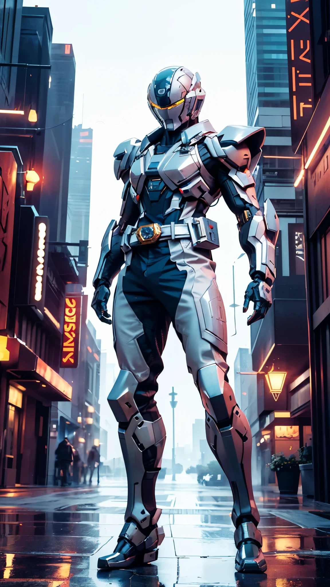 (masterpiece:1.5, best quality:1.5, extremely delicate:1.5), ((male:1.5)), a man wearing a full-face helmet, a biotech armored combat suit, green eyes, (a composite layered chest armor), fully enclosed shoulder guards, matching arm and leg guards, a belt of gemstone, (the color scheme is primarily Blue with White and Red accents), the design balances heavy with agility, a high-tech bio-mecha armor, (Armor Concept Inspired by Kamen Rider, stand of a futuristic sci-fi city), this character embodies a finely crafted Superhero in anime style, exquisite and mature manga art style, (the armor glows), metallic, high definition, highres, ultra-detailed, ultra-fine painting, professional, perfect body proportions, golden ratio, anatomically correct, symmetrical face, extremely detailed eyes and face, high quality eyes, creativity, RAW photo, UHD, 32k, Natural light, cinematic lighting, masterpiece-anatomy-perfect