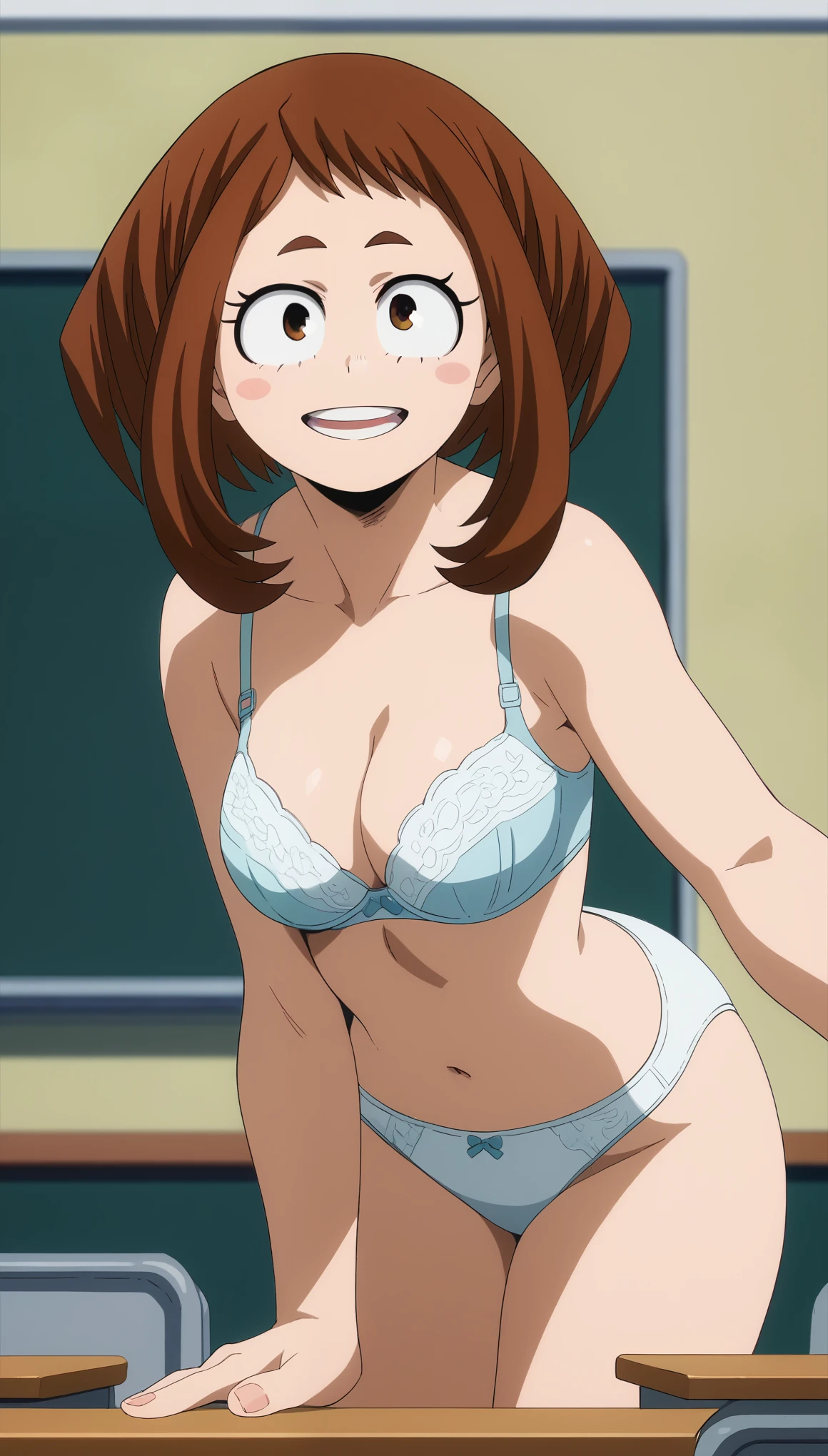 Ochako uraraka, 1girl, brown hair, medium hair, hair down, best quality, masterpiece, ultra-detailed, high quality, 1girl, beautiful, beautiful and perfect face, open mouth, looking at viewer, medium breasts, cleavage, large ass, close shot, brown eyes, ((bend over)), ass, standing, thick thighs, ((panties)), white underwear, back, classroom, smile, bra