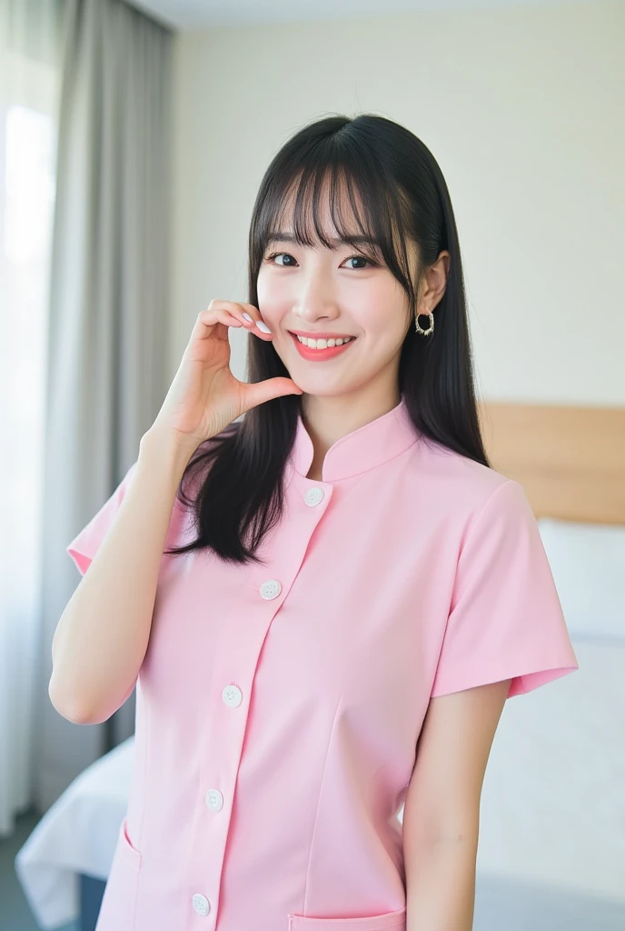 Medium shot of a smiling Japanese female nurse in pink nurse uniform dress with buttons making a cheekheart with her hand at her cheek. Her beautiful, detailed features are framed by her hair and a playful expression. She has a slim hourglass figure, narrow waist, and medium breasts. Her black hair is styled to perfection, complementing their pale skin and fair complexion. The private modern hospital room provides a clean and serene backdrop for this photorealistic image.