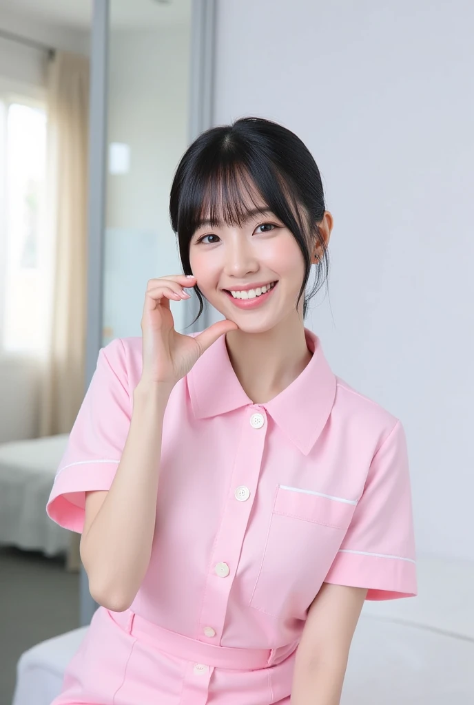 Medium shot of a smiling Japanese female nurse in pink nurse uniform dress with buttons making a cheekheart with her hand at her cheek. Her beautiful, detailed features are framed by her hair and a playful expression. She has a slim hourglass figure, narrow waist, and medium breasts. Her black hair is styled to perfection, complementing their pale skin and fair complexion. The private modern hospital room provides a clean and serene backdrop for this photorealistic image.