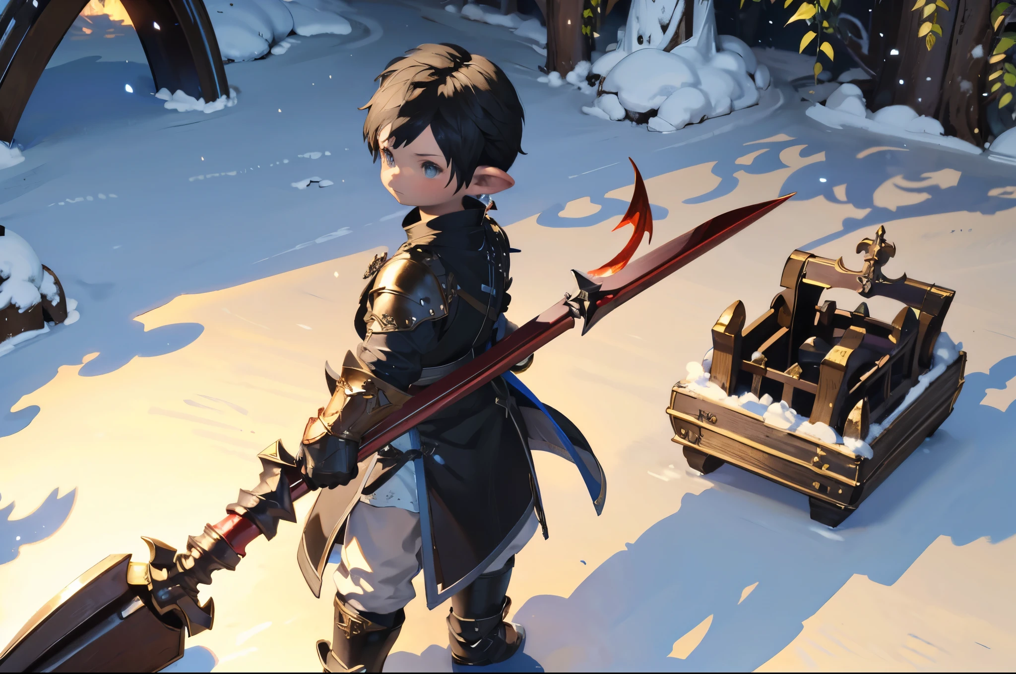 （adventure）、（One Boy）、Knight with dragon、Dragon knight with a spear、He has a small dragon on his shoulder、Looking up at the sky、three-headed body、Chibi character、Bell-shaped body、Snow remains on the road、In the background is a magnificent church、Final Fantasy 14、Lalafell、Man with short black hair、、