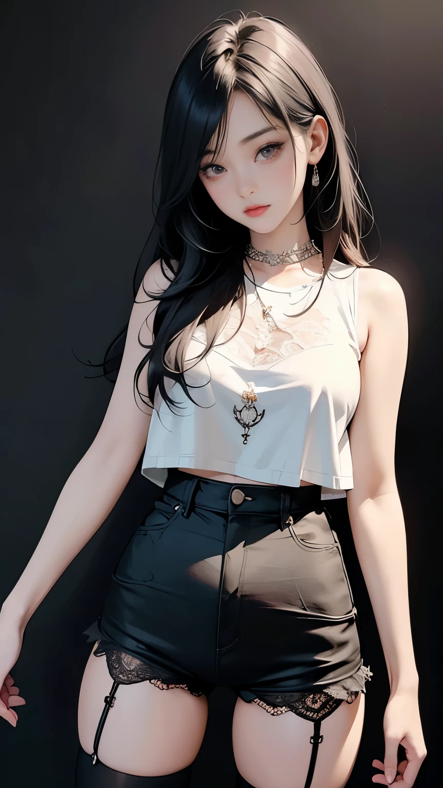 Best quality, masterpiece, high resolution, 1girl, porcelain skirt, hair accessories, necklaces, jewelry, beautiful face, high-value college girl, figure-eight bangs, long black hair, messy hair, thin and tall body, white and tender smooth and delicate skin, wearing a wet black crop top vest, clothes faded, water droplets moist, flat and smooth abdomen, black lace boxer bottoms, lying flat on the bed, Tyndall effect,