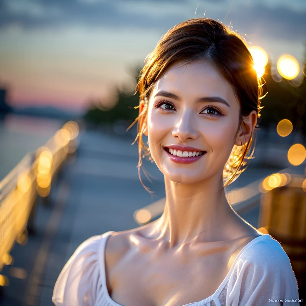 8k,Brown short hair,Very slim body、Japanese actress,Super Beauty(Like the real thing),Wine Party、wine glass、Wine bottle、sparkling wine、White wine、red wine、full-course dinner,Neat and clean dresses,Cocktail Dresses、Big smile,Amazing view of the sunset sky and clouds、,Perfect Anatomy,charm,Volume measurement,Body balance,Digital single-lens reflex camera, Soft lighting, Detailed Background, Written boundary depth, Volumetric lighting, Sharp focus, Absurd, Realistic proportions, Excellent anatomy, (Realistic, 超Realistic:1.4), 16k hdr, dawn,High resolution,super Realistic 肌,super beautiful expression,Fantasy art,Character Art,Wind effects:1.9、Cloud Effect:1.2、Full Rendering、プロ品質のHigh resolution、Perfect contrast、Perfect lighting、Perfect composition、Perfect Skin、Perfect Fingers、Perfect breasts、Perfect Hair、Perfect Face、Realistic facial features,Highest quality,Slim figure,Perfect body line,Perfect hand shape,Anatomical Body Balance,Highly detailed face,Highly detailed eyes,Beautiful Lips,Excellent light particles,Cinema Lighting,compensate,超High resolution,Ultra-Realistic Skin,Dynamic pose,blue eyes,