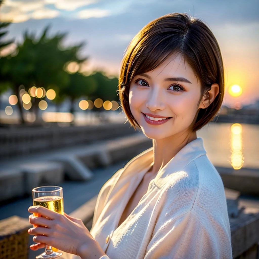 ((Highest quality、8K、masterpiece:1.3))、1 male、1 female、Couple、spouse、Couple、The body is slim、((Bob Hale、Straight hair:1.2)), (Realistic, Intricate details:1.2), テーブルの上のwine glass、Put the light on your face、 Amazing view of the sunset sky and clouds、Amazing mountain views、A bright smile、The wonderfulness of smile、Bright image、The beauty of wine, Beautiful Face, blue eyes, The light shines on your face, Blushing, short hair,Bright Face、 (Age 37), 39 years old, red wine 、Appetizers、Italian food、Wine bottle、Champagne、sparkling wine、Two beauties、Brown Hair、Shortcuts、Long sleeve shirt、dress、Beautiful woman 1, (slimな顔), (The body is slim), (Brown Hair), (Shortcuts), cheeks turn a little red,Attractive beauty、restaurant, In a prominent place (From the waist up) Nova Frog Style, actress, model, Upper Body, White wine, slim, wine glass, 中央に置かれたwine glass, smile, (smile: 1.15), Beautiful fine grain, Depth f/2,saturation, High Contrast, Strong light and shadow,Moist Body:1.5、3D texture、Delicate eyes、Brown Hair、The hair is very shiny、