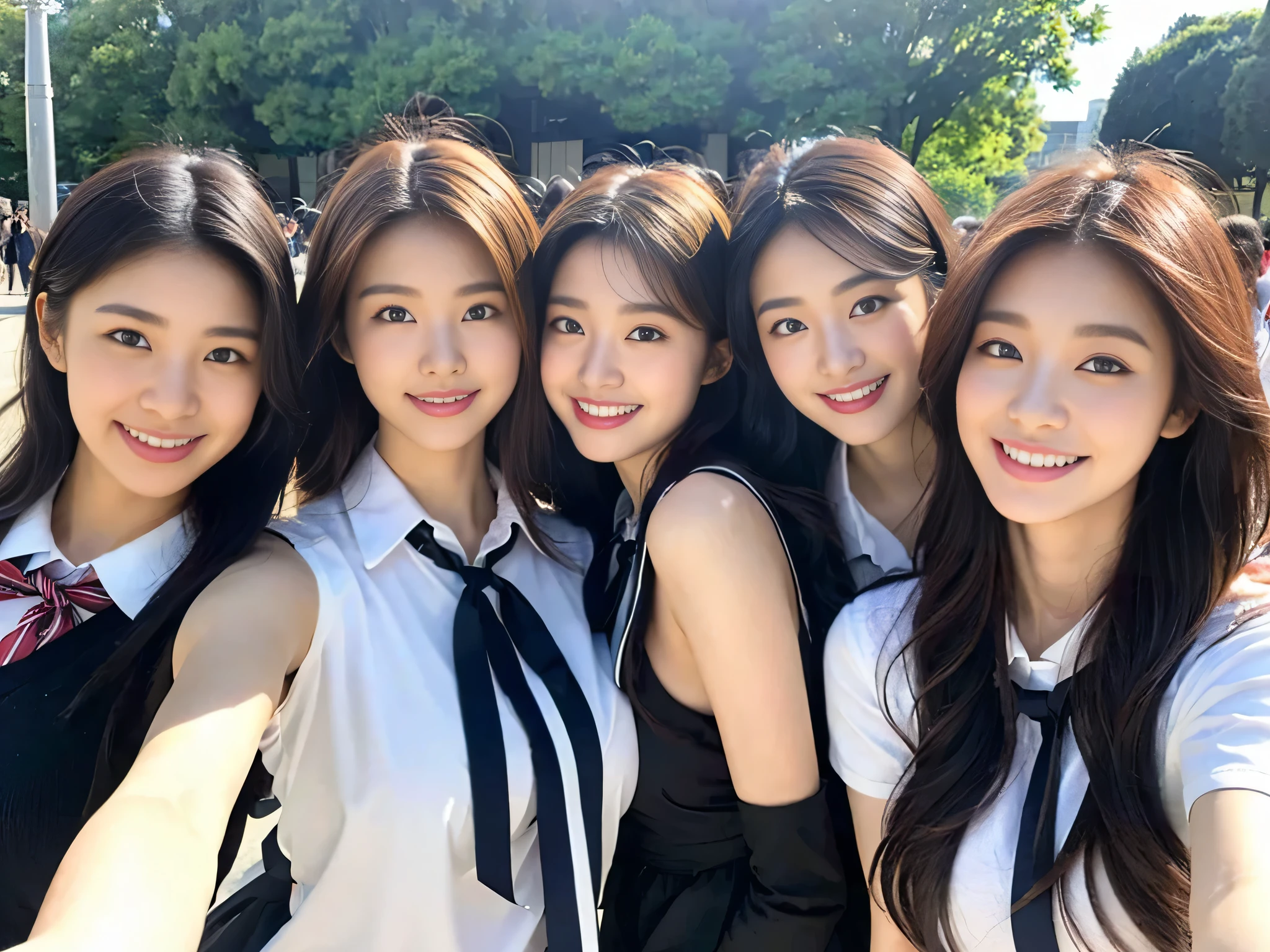 (A trio of super cute Korean high school girls take a photo together 1.2)(grin,Smile)(Beautiful Sweat:1.1)(16k, RAW Photos, Highest quality, masterpiece: 1.2),(Cute hairstyle with shiny black hair) Super detailed, Super Resolution, (Genuine, Genuine photos: 1.37), Portraiture, High-resolution RAW color photos, Professional photos, Very detailed, 8k wallpaper, Very detailed CG Unity 8k wallpaper, Very detailed beautiful girls, Very detailed faces, ((whole body)), beautiful woman, Huge breasts,(huge boobs:1.1) (Big Boobs:1.1), Beauty college student (A tight, girly, navy sleeveless  with ribbon.),high school girl, Korean Girls,(K-POP Female Idols), (Idol-class beauty)(Beautiful high school girl:1.1)(High school girls sightseeing in Tokyo)(1)(Stylish school uniform-style outfit:1.1)(Group photo of the school trip:1.3)NSFW