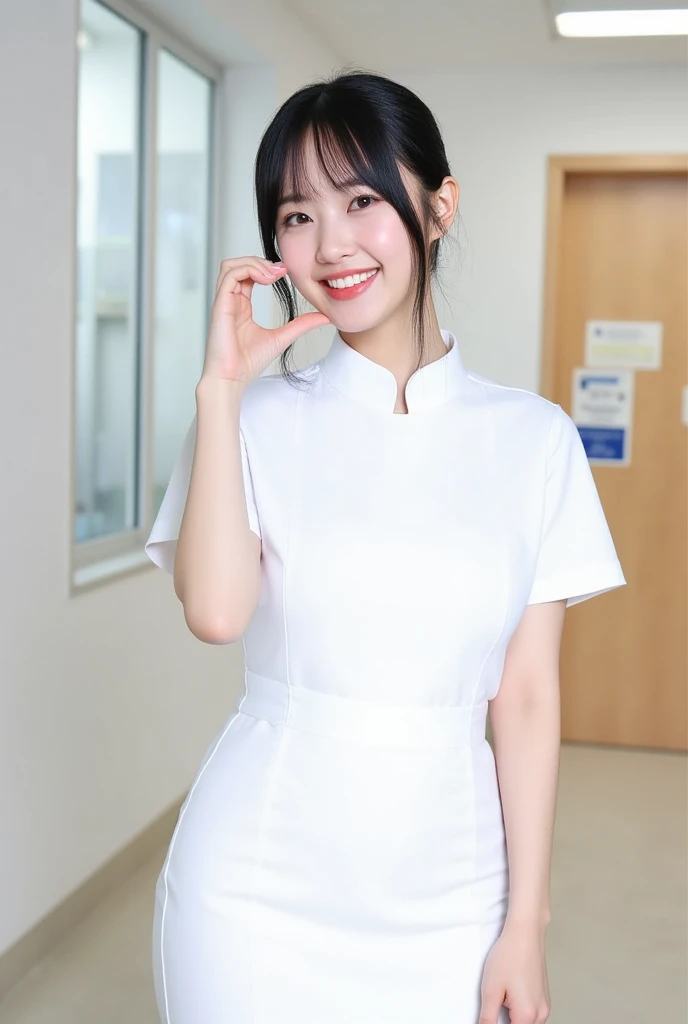 Full body shot of a smiling Japanese female nurse in white nurse uniform making a cheekheart with her hand at her cheek. Her beautiful, detailed features are framed by her hair and a playful expression. She has a slim hourglass figure, narrow waist, and medium breasts. Her black hair is styled to perfection, complementing their pale skin and fair complexion. The private modern hospital room provides a clean and serene backdrop for this photorealistic image.