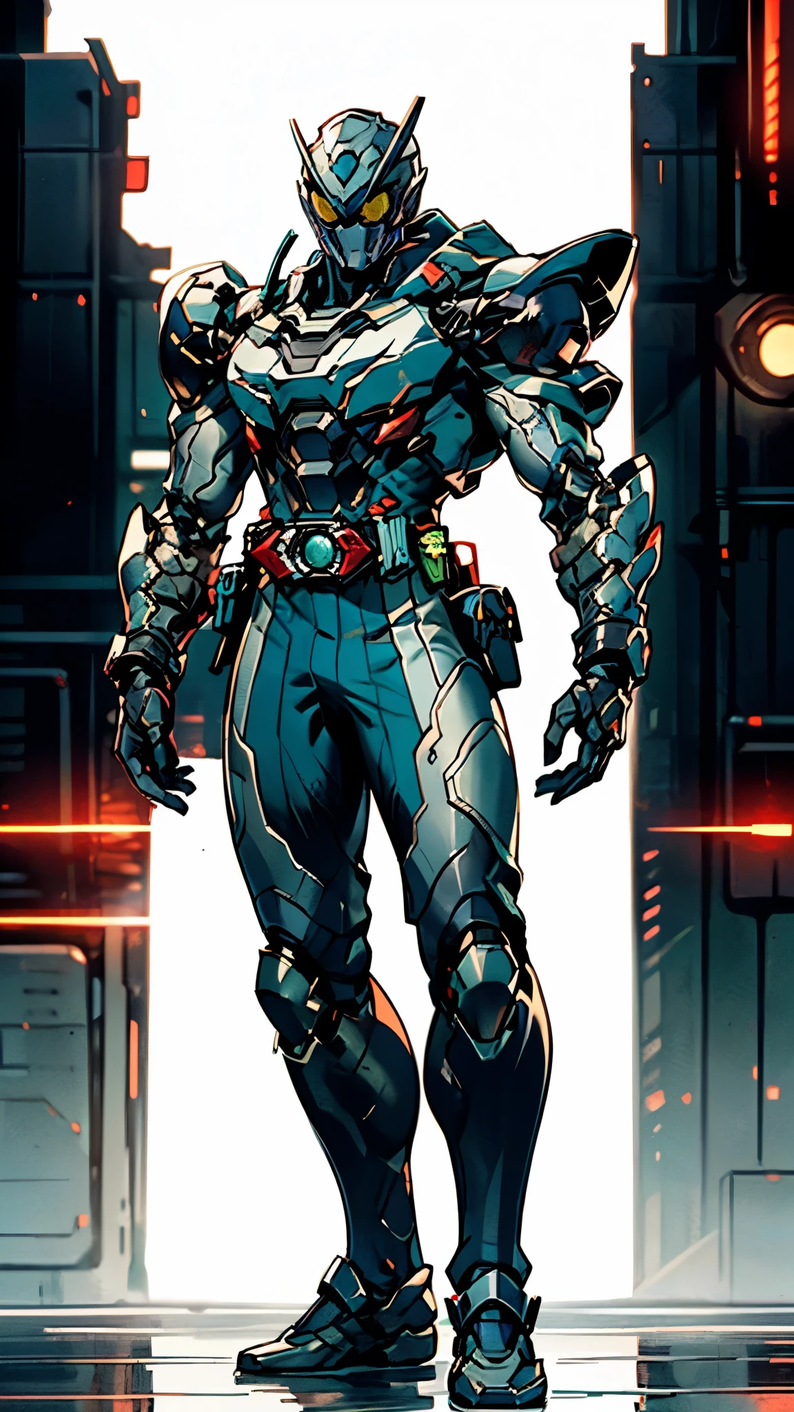 (masterpiece:1.5, best quality:1.5, extremely delicate:1.5), ((male:1.5)), a man wearing a full-face helmet, a biotech armored combat suit, green eyes, (a composite layered chest armor), fully enclosed shoulder guards, matching arm and leg guards, a belt of gemstone, (the color scheme is primarily Blue with White and Red accents), the design balances heavy with agility, a high-tech bio-mecha armor, (Armor Concept Inspired by Kamen Rider, stand of a futuristic sci-fi city), this character embodies a finely crafted Superhero in anime style, exquisite and mature manga art style, (the armor glows), metallic, high definition, highres, ultra-detailed, ultra-fine painting, professional, perfect body proportions, golden ratio, anatomically correct, symmetrical face, extremely detailed eyes and face, high quality eyes, creativity, RAW photo, UHD, 32k, Natural light, cinematic lighting, masterpiece-anatomy-perfect