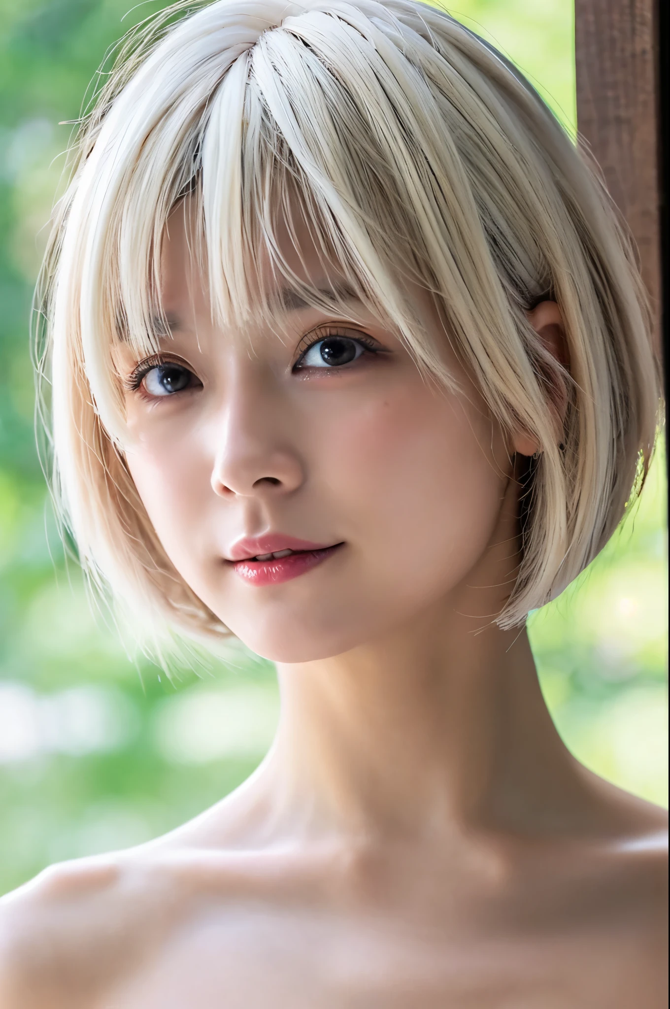 8k、High resolution、Ultra Detail、((Naked Girls:1.4))、((No underwear:1.3))、((Beautiful Makeup:1.3))、((Short blonde bob cut with almost white hair:1.4))、Realistic、High resolution、Realistic and accurate depiction、Realistic and accurate human anatomy、Please redeem、Japanese women 、beautiful girl、Look straight ahead、Eyes looking at the viewer、masterpiece、32K、Best image quality、High resolution、Cute in Japan、photograph、photograph、Eyes facing forward、Clear image quality that even captures pores、round face、Slim body、Facial changes、short hair、Natural look