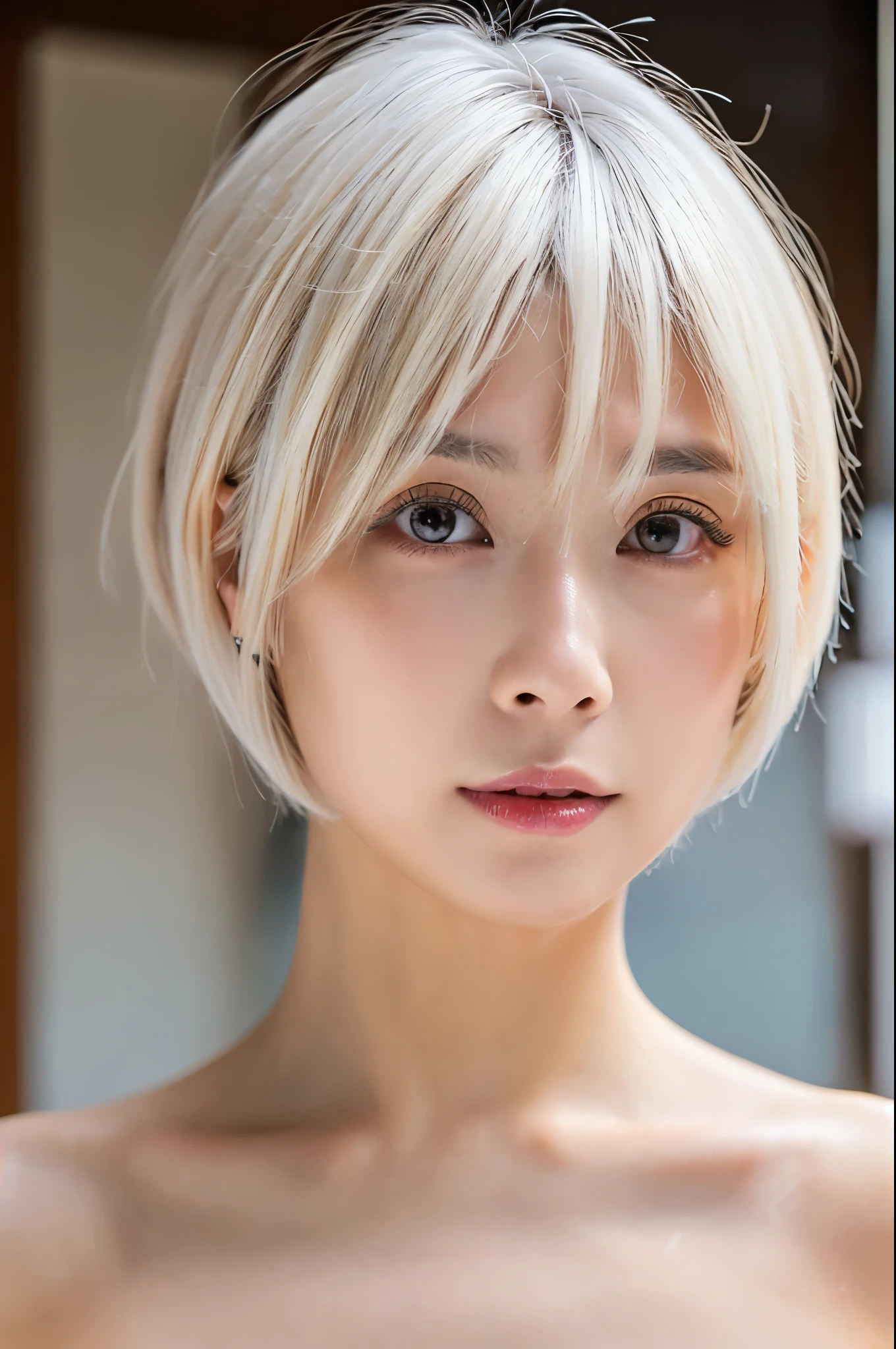 8k、High resolution、Ultra Detail、((Naked Girls:1.4))、((No underwear:1.3))、((Beautiful Makeup:1.3))、((Short blonde bob cut with almost white hair:1.4))、Realistic、High resolution、Realistic and accurate depiction、Realistic and accurate human anatomy、Please redeem、Japanese women 、beautiful girl、Look straight ahead、Eyes looking at the viewer、masterpiece、32K、Best image quality、High resolution、Cute in Japan、photograph、photograph、Eyes facing forward、Clear image quality that even captures pores、round face、Slim body、Facial changes、short hair、Natural look