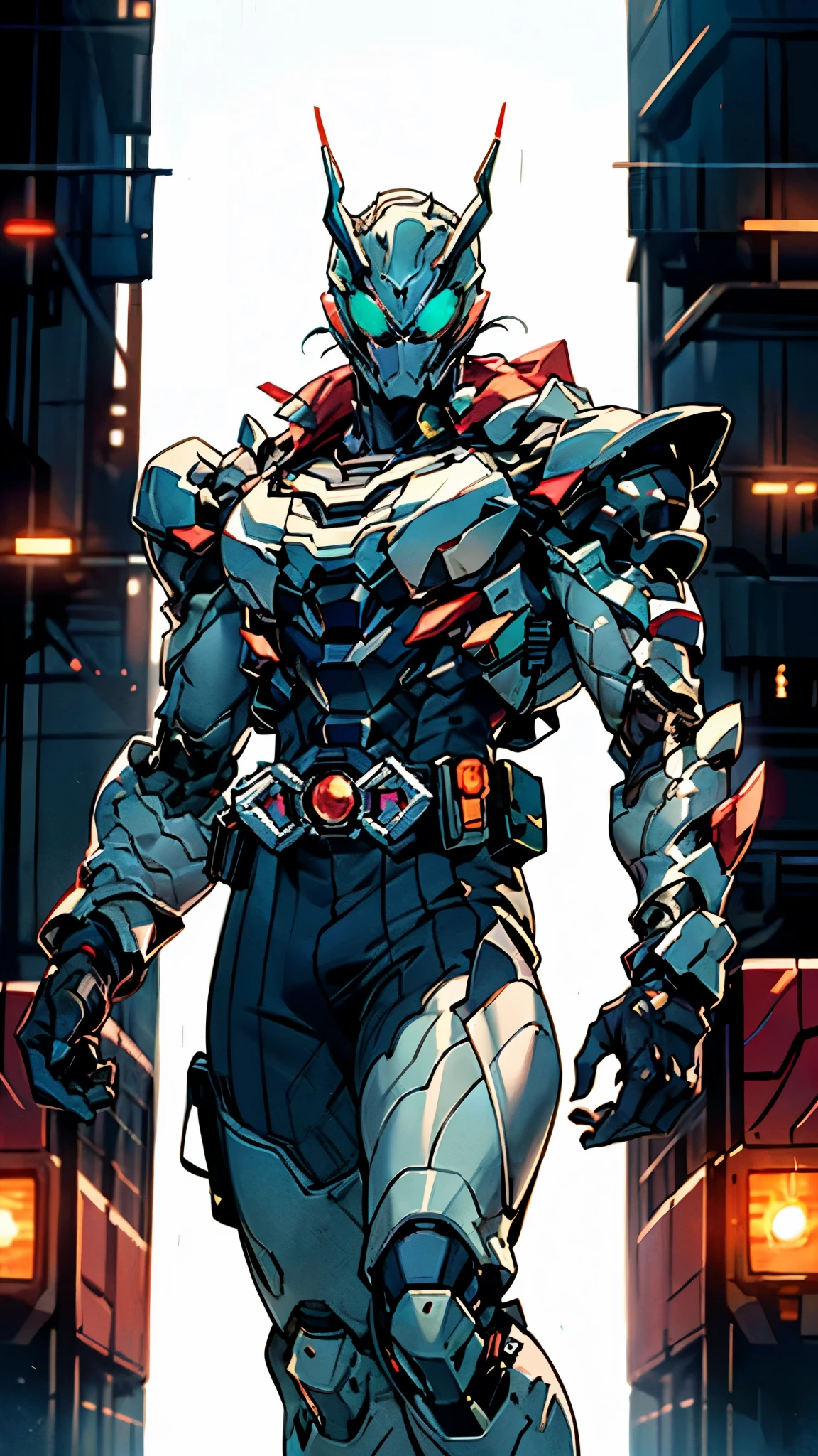 (masterpiece:1.5, best quality:1.5, extremely delicate:1.5), ((male:1.5)), a man wearing a full-face helmet, a biotech armored combat suit, green eyes, (a composite layered chest armor), fully enclosed shoulder guards, matching arm and leg guards, a belt of gemstone, (the color scheme is primarily Blue with White and Red accents), the design balances heavy with agility, a high-tech bio-mecha armor, (Armor Concept Inspired by Kamen Rider, stand of a futuristic sci-fi city), this character embodies a finely crafted Superhero in anime style, exquisite and mature manga art style, (the armor glows), metallic, high definition, highres, ultra-detailed, ultra-fine painting, professional, perfect body proportions, golden ratio, anatomically correct, symmetrical face, extremely detailed eyes and face, high quality eyes, creativity, RAW photo, UHD, 32k, Natural light, cinematic lighting, masterpiece-anatomy-perfect