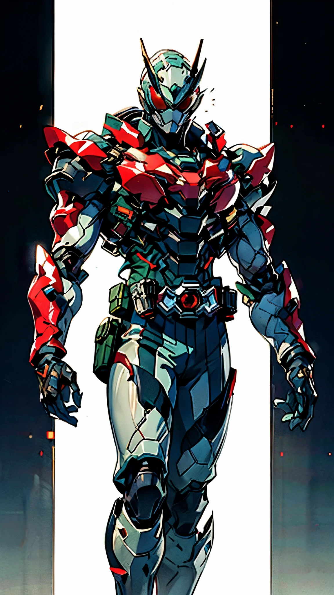 (masterpiece:1.5, best quality:1.5, extremely delicate:1.5), ((male:1.5)), a man wearing a full-face helmet, a biotech armored combat suit, green eyes, (a composite layered chest armor), fully enclosed shoulder guards, matching arm and leg guards, a belt of gemstone, (the color scheme is primarily Blue with White and Red accents), the design balances heavy with agility, a high-tech bio-mecha armor, (Armor Concept Inspired by Kamen Rider, stand of a futuristic sci-fi city), this character embodies a finely crafted Superhero in anime style, exquisite and mature manga art style, (the armor glows), metallic, high definition, highres, ultra-detailed, ultra-fine painting, professional, perfect body proportions, golden ratio, anatomically correct, symmetrical face, extremely detailed eyes and face, high quality eyes, creativity, RAW photo, UHD, 32k, Natural light, cinematic lighting, masterpiece-anatomy-perfect