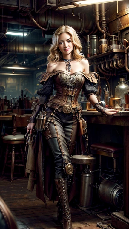Woman in steampunk costume, wearing steampunk outfit, steampunk fantasy style, (Steampunk), steampunk beautiful goddess, steampunk beautiful woman, Steampunk style, steampunk fantasy, steampunk inventor girl, long blonde wavy hair, bangs covering eyes, blue eyes, white skin, serious dignified face, burgundy lips, brown tight leather pants, brown low-cut leather vest, brown long leather boots, standing on a metal platform Set in a steampunk world, vivid steampunk concept