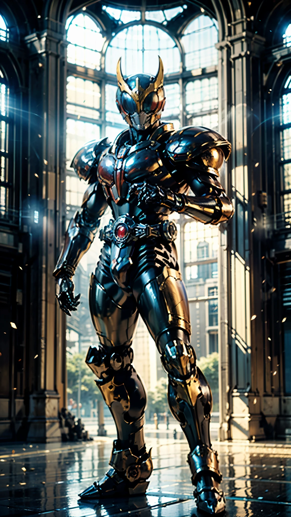 (masterpiece:1.5, best quality:1.5, extremely delicate:1.5), ((male:1.5)), a man wearing a full-face helmet, a biotech armored combat suit, green eyes, (a composite layered chest armor), fully enclosed shoulder guards, matching arm and leg guards, a belt of gemstone, (the color scheme is primarily Blue with White and Red accents), the design balances heavy with agility, a high-tech bio-mecha armor, (Armor Concept Inspired by Kamen Rider, stand of a futuristic sci-fi city), this character embodies a finely crafted Superhero in anime style, exquisite and mature manga art style, (the armor glows), metallic, high definition, highres, ultra-detailed, ultra-fine painting, professional, perfect body proportions, golden ratio, anatomically correct, symmetrical face, extremely detailed eyes and face, high quality eyes, creativity, RAW photo, UHD, 32k, Natural light, cinematic lighting, masterpiece-anatomy-perfect