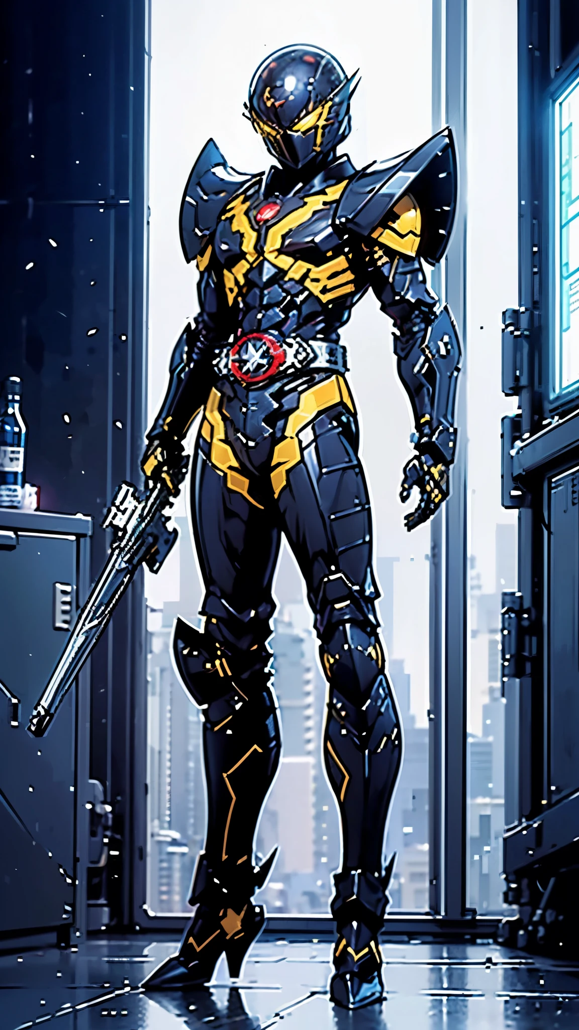 (masterpiece:1.5, best quality:1.5, extremely delicate:1.5), ((male:1.5)), a man wearing a full-face helmet, a biotech armored combat suit, green eyes, (a composite layered chest armor), fully enclosed shoulder guards, matching arm and leg guards, a belt of gemstone, (the color scheme is primarily Blue with White and Red accents), the design balances heavy with agility, a high-tech bio-mecha armor, (Armor Concept Inspired by Kamen Rider, stand of a futuristic sci-fi city), this character embodies a finely crafted Superhero in anime style, exquisite and mature manga art style, (the armor glows), metallic, high definition, highres, ultra-detailed, ultra-fine painting, professional, perfect body proportions, golden ratio, anatomically correct, symmetrical face, extremely detailed eyes and face, high quality eyes, creativity, RAW photo, UHD, 32k, Natural light, cinematic lighting, masterpiece-anatomy-perfect