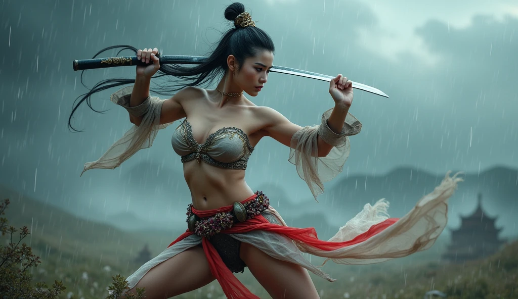 beautiful japanese woman with big breasts in revealing short samurai costume, fighting pose, confident look, battlefield, strong wind, heavy rain, thunderstorm