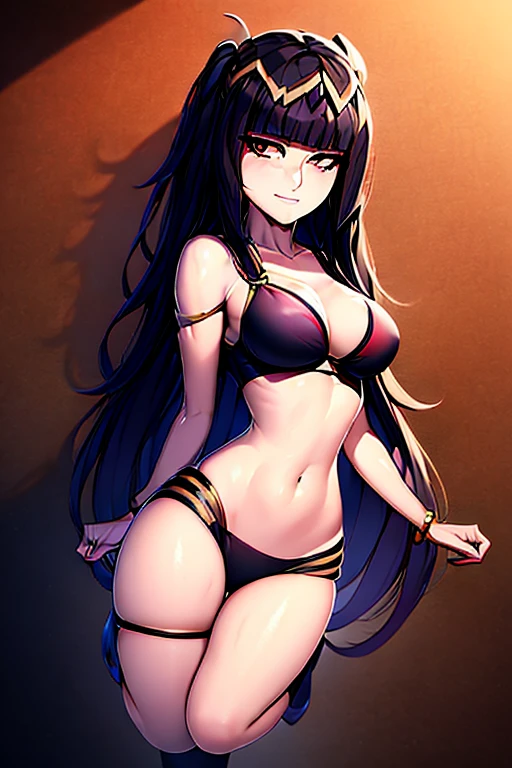 {{masterpiece, ultra-high quality, ultra detailed CG,}} perfect character fusion, outfit fusion, not wearing a swimsuit, sunset, beach, Tharja, Tharja (Fire Emblem), Millie, Millie (Helluva Boss), red tail, two imp horns, yellow sacella, black pupils, black straight hair, waist length hair, freckles, shoulder less outfit, heels, seductive smile, closed mouth, full body view, large breasts, official art, black thigh highs, looking at viewer