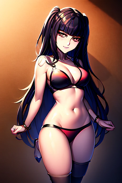 {{masterpiece, ultra-high quality, ultra detailed CG,}} perfect character fusion, outfit fusion, not wearing a swimsuit, sunset, beach, Tharja, Tharja (Fire Emblem), Millie, Millie (Helluva Boss), red tail, two imp horns, yellow sacella, black pupils, black straight hair, waist length hair, freckles, shoulder less outfit, heels, seductive smile, closed mouth, full body view, large breasts, official art, black thigh highs, looking at viewer