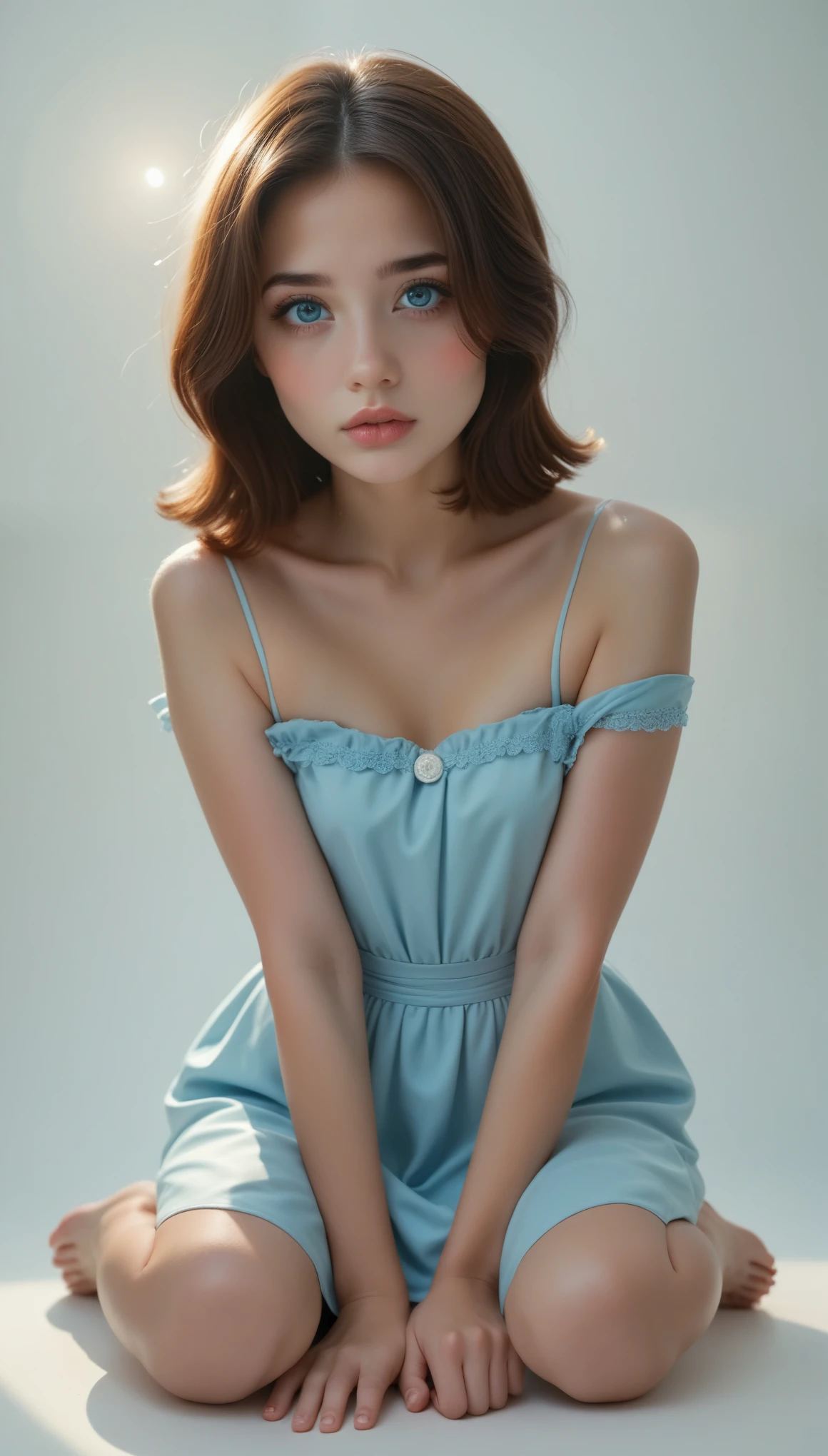 (masterpiece,Soft lighting, Stylish eye for detail: 1.2),is staring at me, (cute),Sleeveless,Off-the-shoulder light blue dress,Panier skirt,Folded hem,Fashion studio white background,she,(Full body portrait :1.6),No makeup,Highlight your lips,Big Mouth,Thick lips,Moist lips,Fuller lips, Creamy and glossy lips, Lip balm makes your lips shine,With red bob hair、The tip of the hair is blue gradation, (Perfect oval for big eyes),Gorgeous, blue, perfect eyes, (Charming若い女性:1.3), (Charming:1.1),