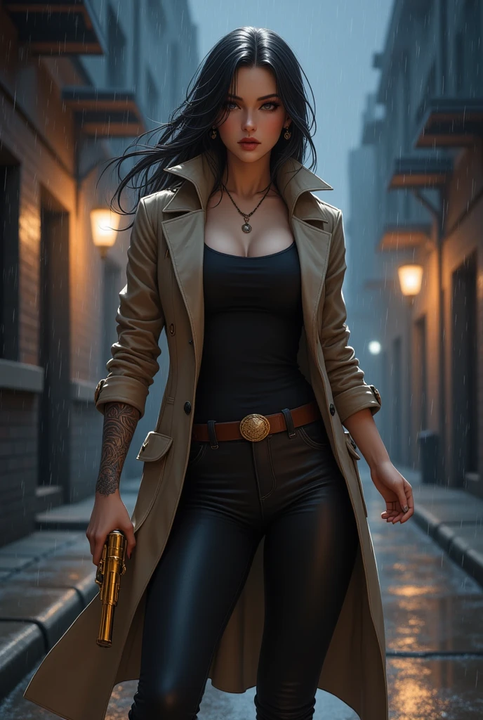 Female mob boss in a stylish trenchcoat, holding a big golden revolver, rain falling in a dark night city alley, illuminated by a single streetlight, serpent tattoo on her hand, noir atmosphere. Tattoos.