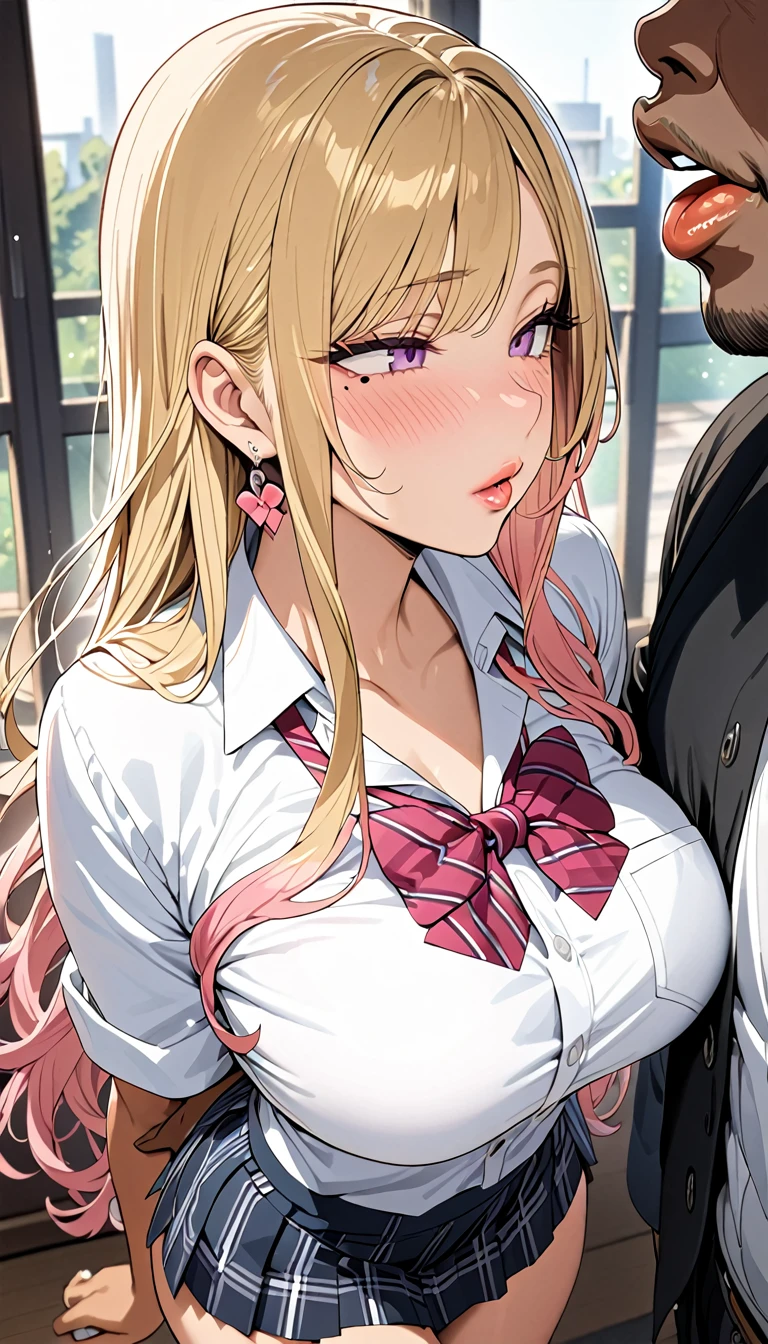 1scene,high quality,Super High resolution,High resolution illustration,masterpiece,Extremely detailed,Blonde HAIR,High resolution,Japanese,gyaru make,pink eyeliner,pink lip,earrings,(beautyfull girl has grossy lips and lecherous man teacher) ,school uniform,Medium chest,black tan skin,Beautiful curves,Long and complicated hair,Mole under the eye,being hugged from behind,((tongues intertwined kiss: 1.4))