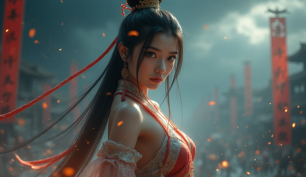 korean teen anime boy, , with super long silky hair, cute, beautiful, toned body, nice abs, slender, shirtless, eastern medieval era, young imperial prince, doing push ups.