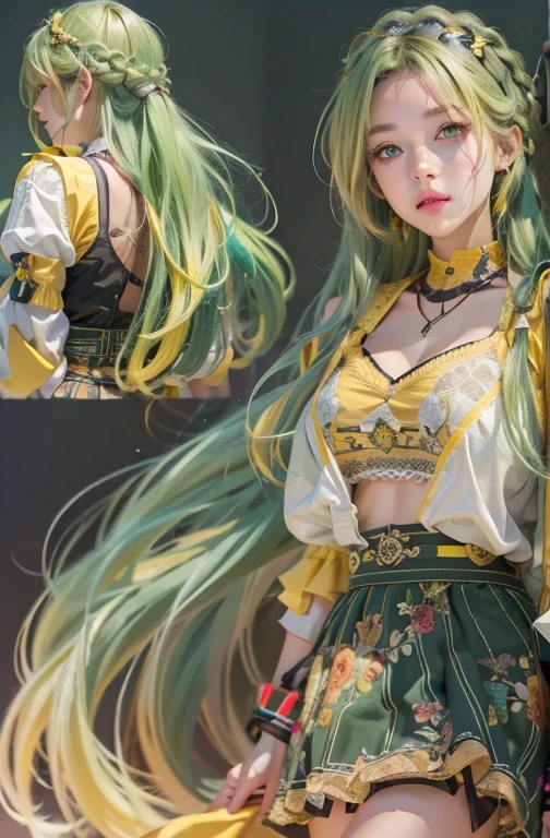 ,extremely detailed CG unity 8k wallpaper,best quality,realistic,world masterpiece,(highres, ultra detailed,8K),(extreme low camera),1girl,Green and yellow hair with beautiful and detailed braids, yellow and Friday clothes, with sexy skirt, green and yellow eyes, best quality, good resolution,Huge breasts 