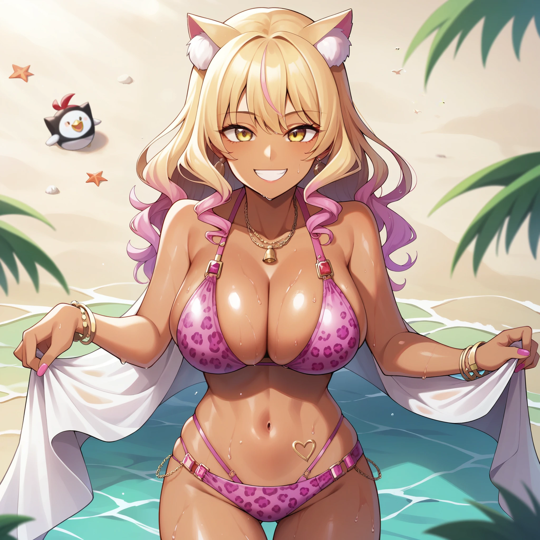  Suzuka Gozen:0.9),londe hair, blonde hair with pink tips, cat ears, yellow eyes, , chica gyaru, happy smile, big breasts, tanned skin, Magenta bikini with jaguar design, is walking on a beach, 1 sola Women, Girl alone. chica gyaru, dark skin. wet body
