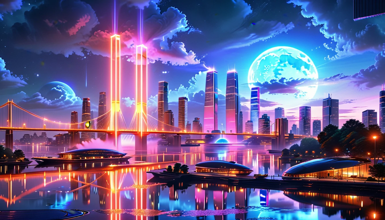 A Masterpiece In 32K Resolution: Supreme Quality, Super Detail, Official Art, Very High-Resolution 32K Wallpaper, Beautiful And Aesthetic, Ultra-Detailed Features, Awe-Inspiring Detail. An Awe-Inspiring Night View Of A Futuristic Cityscape, Featuring A Majestic Bridge Stretching Over A Reflective River. The Skyline Showcases Towering, Sleek Skyscrapers Illuminated By Vibrant Neon Lights, Evoking The Grandeur Of A Futuristic Metropolis. In The Distance, Glowing Megacities Emerge On The Horizon, Adding Depth And Scale To The Scene. The Romantic Evening Atmosphere Is Heightened By The Soft Glow Of The Moon And Shimmering Reflections On The Water. The Urban Design Feels Imaginative And Cutting-Edge, Blending Sleek Architecture With Creative Lighting That Captivates And Surprises, Inspired By The Visionary Style Of Chasbio.