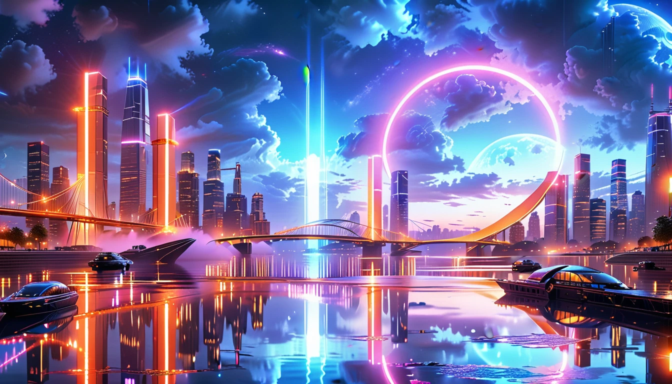 A Masterpiece In 32K Resolution: Supreme Quality, Super Detail, Official Art, Very High-Resolution 32K Wallpaper, Beautiful And Aesthetic, Ultra-Detailed Features, Awe-Inspiring Detail. An Awe-Inspiring Night View Of A Futuristic Cityscape, Featuring A Majestic Bridge Stretching Over A Reflective River. The Skyline Showcases Towering, Sleek Skyscrapers Illuminated By Vibrant Neon Lights, Evoking The Grandeur Of A Futuristic Metropolis. In The Distance, Glowing Megacities Emerge On The Horizon, Adding Depth And Scale To The Scene. The Romantic Evening Atmosphere Is Heightened By The Soft Glow Of The Moon And Shimmering Reflections On The Water. The Urban Design Feels Imaginative And Cutting-Edge, Blending Sleek Architecture With Creative Lighting That Captivates And Surprises, Inspired By The Visionary Style Of Chasbio.