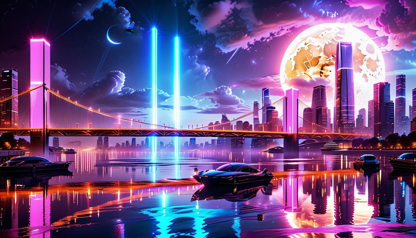 A Masterpiece In 32K Resolution: Supreme Quality, Super Detail, Official Art, Very High-Resolution 32K Wallpaper, Beautiful And Aesthetic, Ultra-Detailed Features, Awe-Inspiring Detail. An Awe-Inspiring Night View Of A Futuristic Cityscape, Featuring A Majestic Bridge Stretching Over A Reflective River. The Skyline Showcases Towering, Sleek Skyscrapers Illuminated By Vibrant Neon Lights, Evoking The Grandeur Of A Futuristic Metropolis. In The Distance, Glowing Megacities Emerge On The Horizon, Adding Depth And Scale To The Scene. The Romantic Evening Atmosphere Is Heightened By The Soft Glow Of The Moon And Shimmering Reflections On The Water. The Urban Design Feels Imaginative And Cutting-Edge, Blending Sleek Architecture With Creative Lighting That Captivates And Surprises, Inspired By The Visionary Style Of Chasbio.