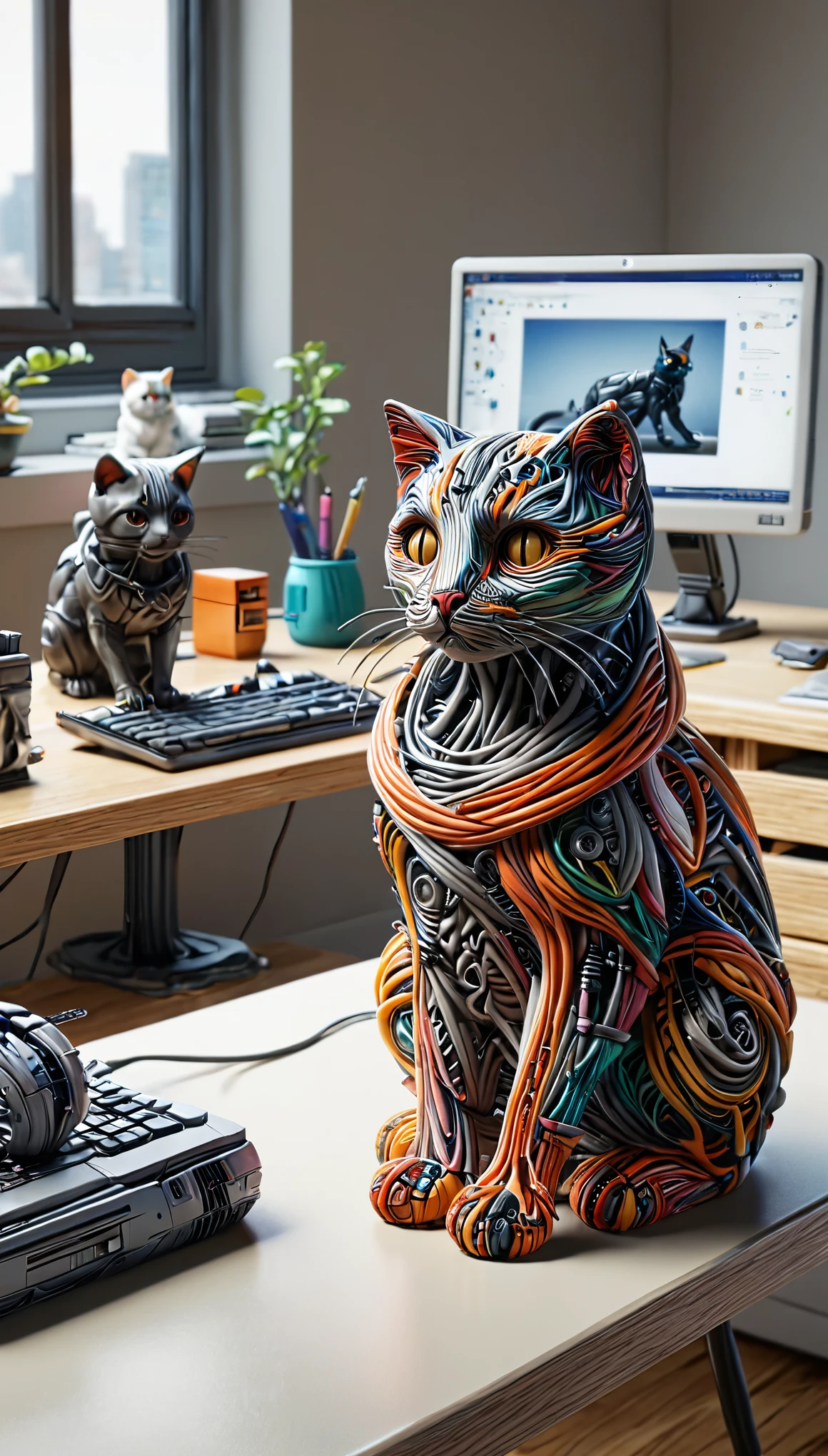 there is a cat statue sitting on a desk in front of a computer, sofubi, cybercat, cyberpunk cat, cyborg cat, neko, cyborg kitten, anthropomorphic cat, anime cat, an anthro cat, fat cat on desk, anthro cat, robotic cat, anthropomorphic female cat, a cyborg cat, cute 3 d render