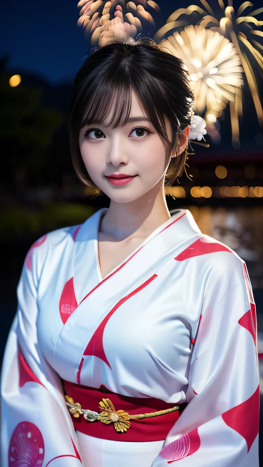 (8k、RAW Photosgraphy、Highest quality、masterpiece:1.2)、(Realistic、Realistic:1.37)、Ultra-high resolution、One Girl、cute、alone、night、Sitting、date、(Nose redness)、(Laughter:1.1)、(Closed)、Huge 、Beautiful Eyes、(short hair:1.2)、(((Fireworks bursting into the sky、night)))、(((kimono、yukata)))、Cleavage、Perfect body、Perfect Fingers、Professional Lighting、Japanese Goddess、gravure、Detailed face and skin texture、Detailed eyes、RAW Photos