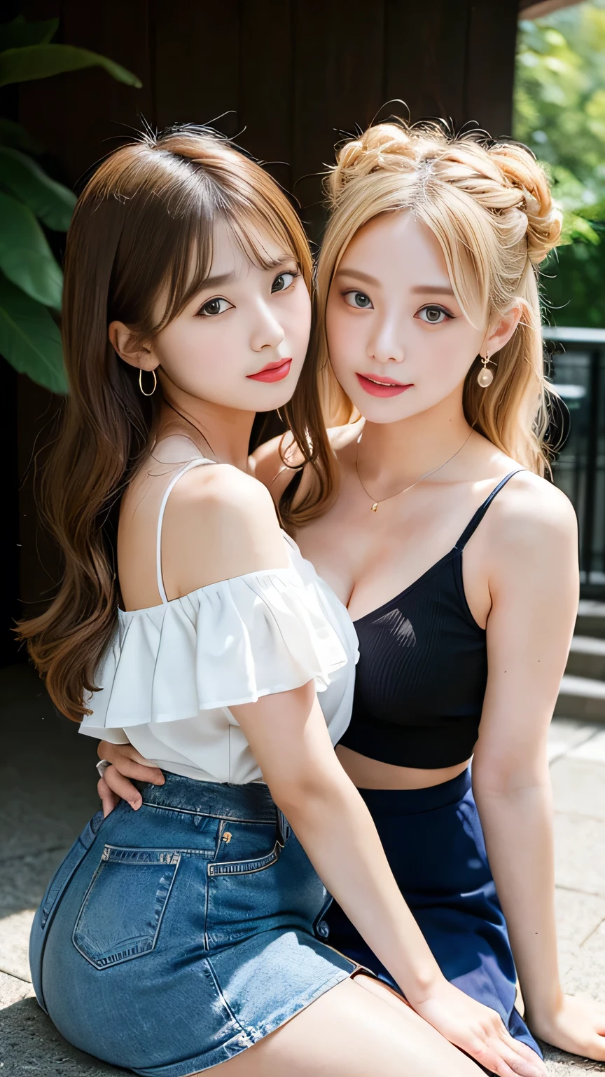 (photorealistic:1.4), 2girls,
blonde hair, jewelry, looking at viewer,
yellow hair, long hair, blurry, cheek-to-cheek, bare legs,
simple background, earrings,
mole, necklace, lips, hair ribbon, ribbon, bangs,
black eyes, realistic, brown eyes, outdoors,
<lora:koreanDollLikeness_v15:1>