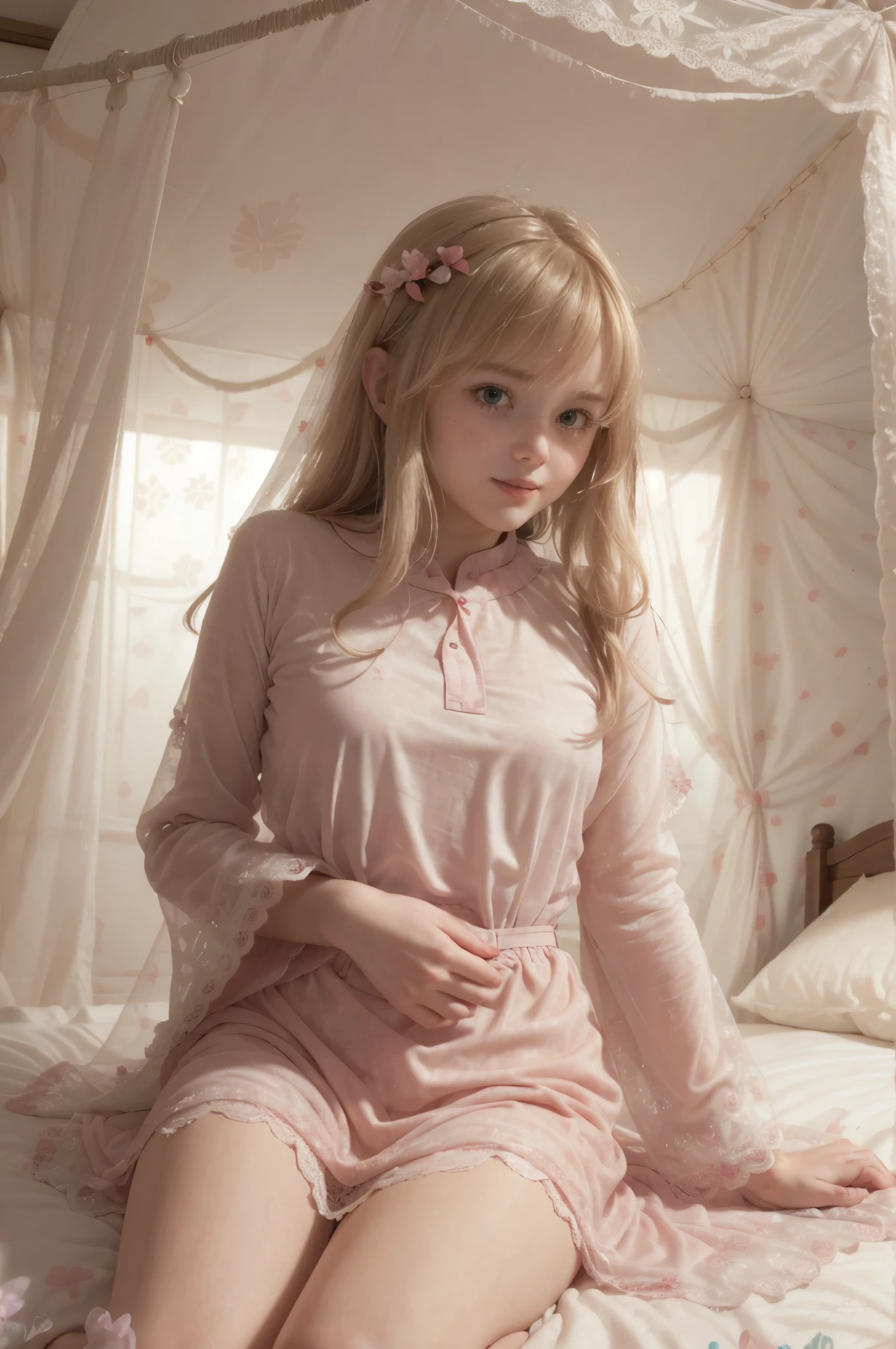 photo of mariya with long blonde hair, bang, (petite:1.4), wearing (red baju kurung:1.3),  on bed in a cute girly bedroom adorned with pastel hues and playful decor. The walls are painted in soft pinks or lavender, with a delicate floral or heart-patterned wallpaper as an accent. A canopy bed with sheer, flowy curtains creates a dreamy atmosphere. Plush stuffed animals and fluffy throw pillows in various shades of pink adorn the bed,
realistic, photorealistic,
High quality, RAW photograph, detailed background, intricate, highly detailed, sharp focus, high resolution, 8k, uhd, dslr, realistic eyes, perfect eyes,