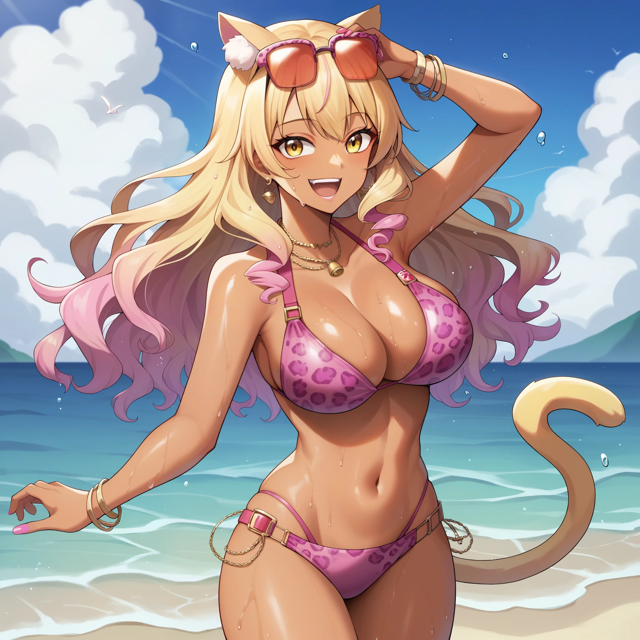  Suzuka Gozen:0.9),londe hair, blonde hair with pink tips, cat ears, yellow eyes, , chica gyaru, happy smile, big breasts, tanned skin, Magenta bikini with jaguar design, is walking on a beach, 1 sola Women, Girl alone. chica gyaru, dark skin. wet body
