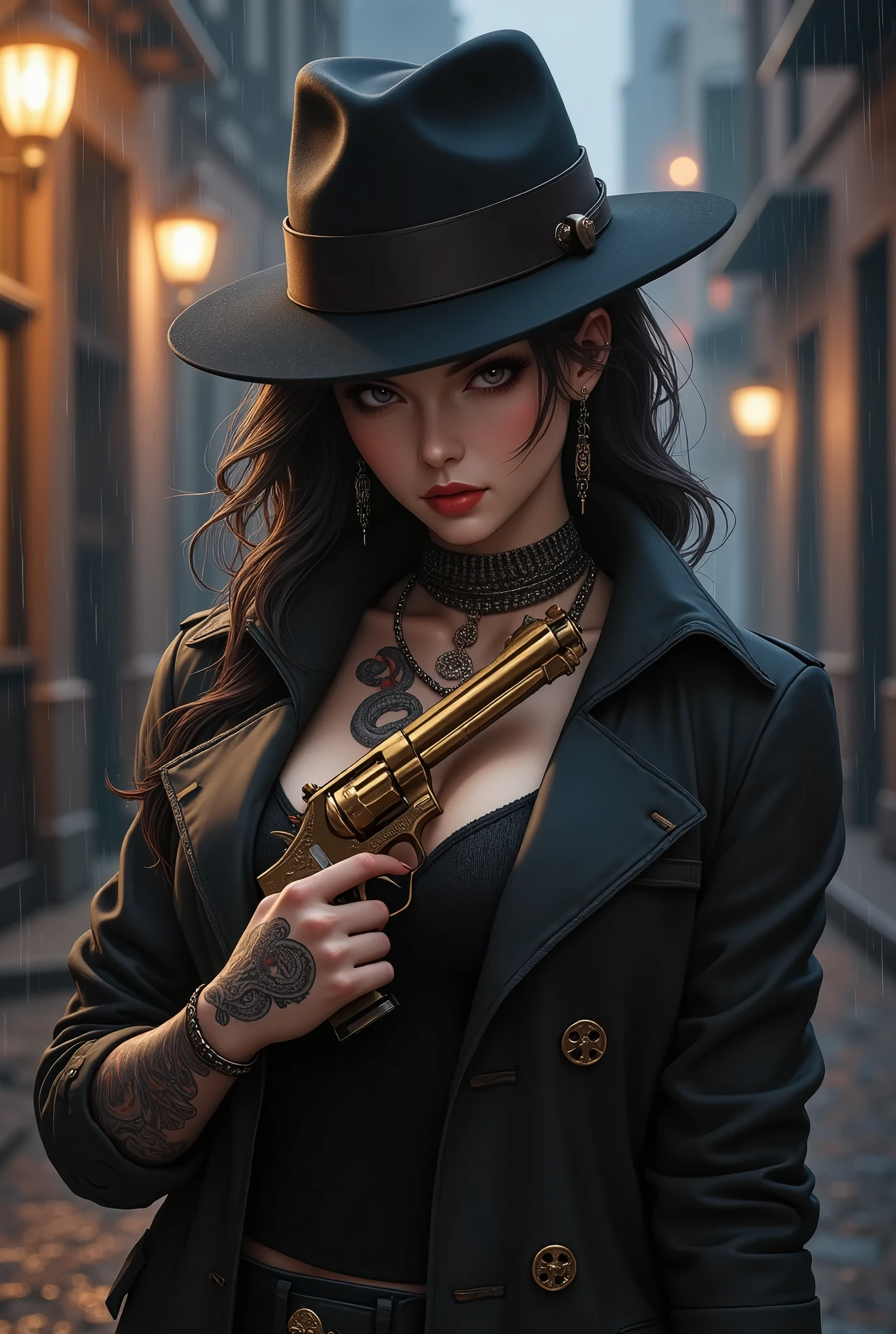 Female mob boss in a stylish trenchcoat, fedora hat, holding a big golden revolver, rain falling in a dark night city alley, illuminated by a single streetlight, serpent tattoo on her hand, noir atmosphere. Tattoos.
