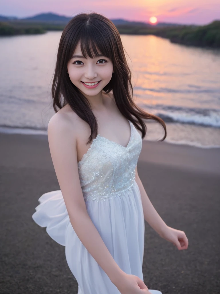 1 girl, (Wear a clean white summer dress:1.2), Very beautiful Japanese idol portraits,
(RAW Photos, highest quality), (Realistic, Realistic:1.4), (masterpiece),
Very delicate and beautiful, Very detailed, 2k wallpaper, wonderful, finely, Very detailed CG Unity 8K wallpaper, Very detailed, High resolution, Soft Light,
Beautiful detailed girl, Very detailed目と顔, Beautiful and sophisticated nose, Finely beautiful eyes, Cinema Lighting,
(Fashion magazine photography:1.3), (Evening sea), (The beach illuminated by afterglow), (The shimmering glow of the ocean surface), (Deep red color scheme:1.4)
(Semi-long hair), (smile),
Complete Anatomy, Slender body, Small breasts, Cowboy Shot